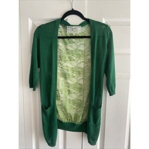 Pink Martini Lace Back Cardigan Womens Size S Green Open Front Knit Sweater Boho